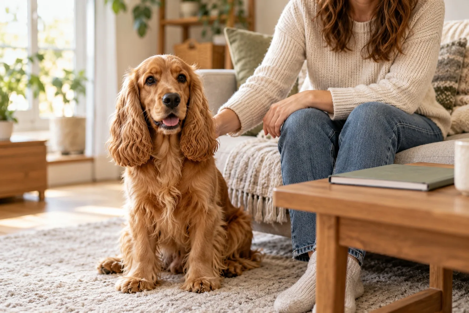 Golden-colored spaniel beside an owner seated on a sofa